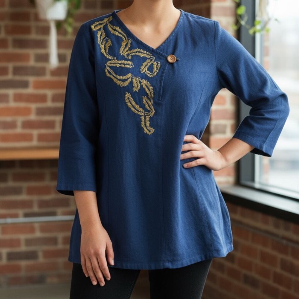 Soft Surroundings Women's Embroidered Lagenlook Tunic Top 1X Navy Blue